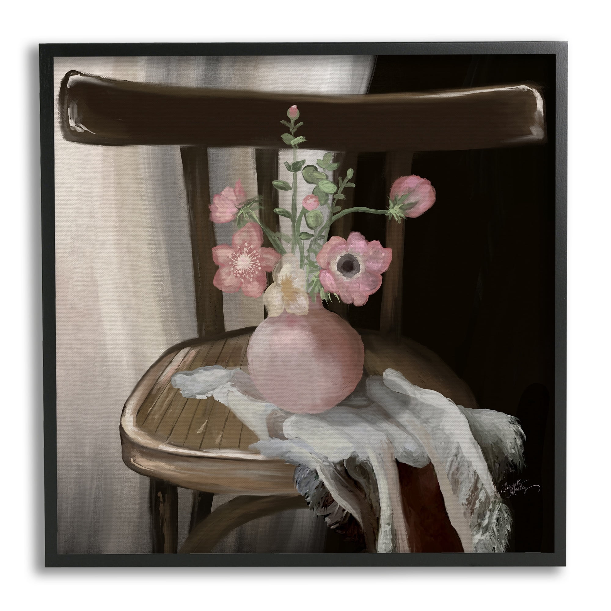 Stupell Industries Serene Pink Flower Vase Arrangement Still Life Painting Black Framed Art Print Wall Art, Design by Elizabeth Medley