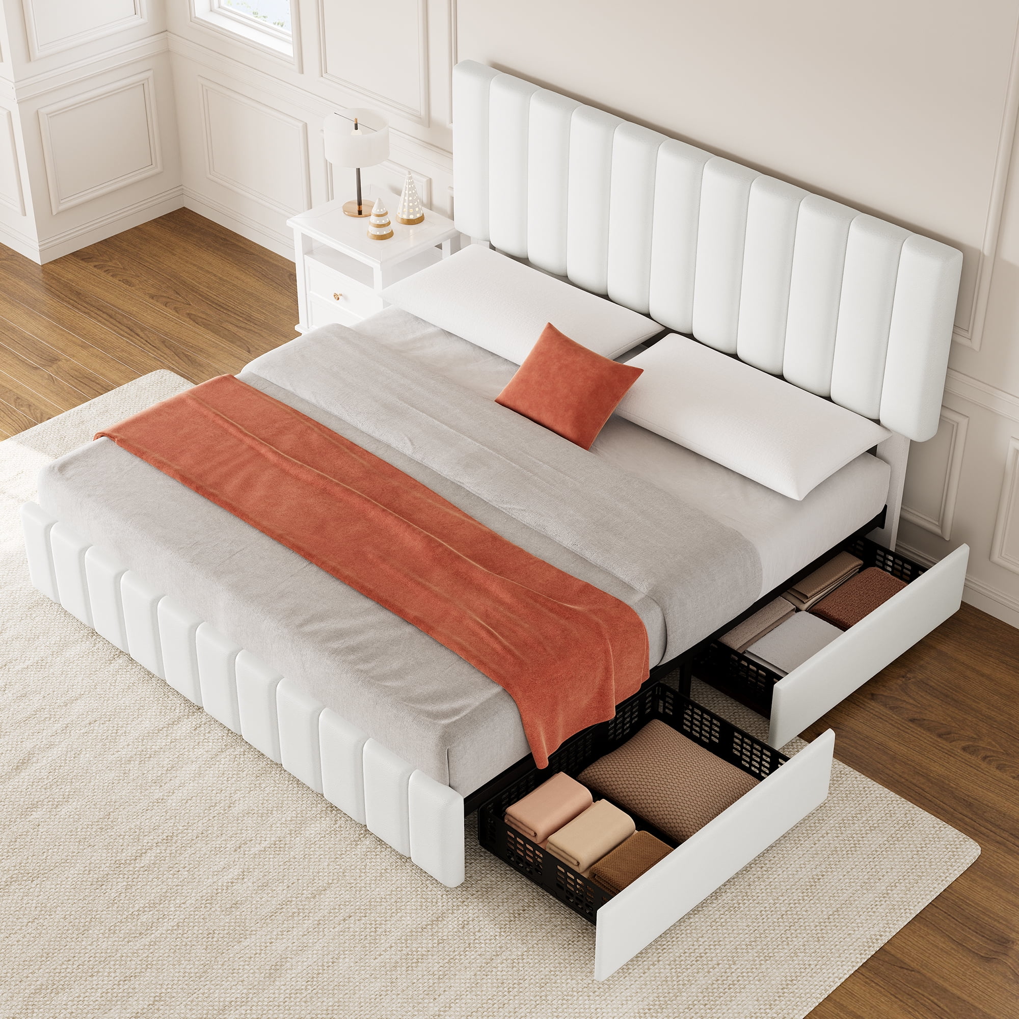Hetoy Queen Size Bed Frame with 4 Storage Drawers and Adjustable Headboard, Linen Upholstered Platform Bed Frame with Wooden Slats Support, No Box Spring Needed, White