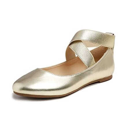 

Feversole Women s Fashion Elastic Ankle Strap Shoes Round Toe Ballet Flat Gold Vegan Leather Size 6.5 M US