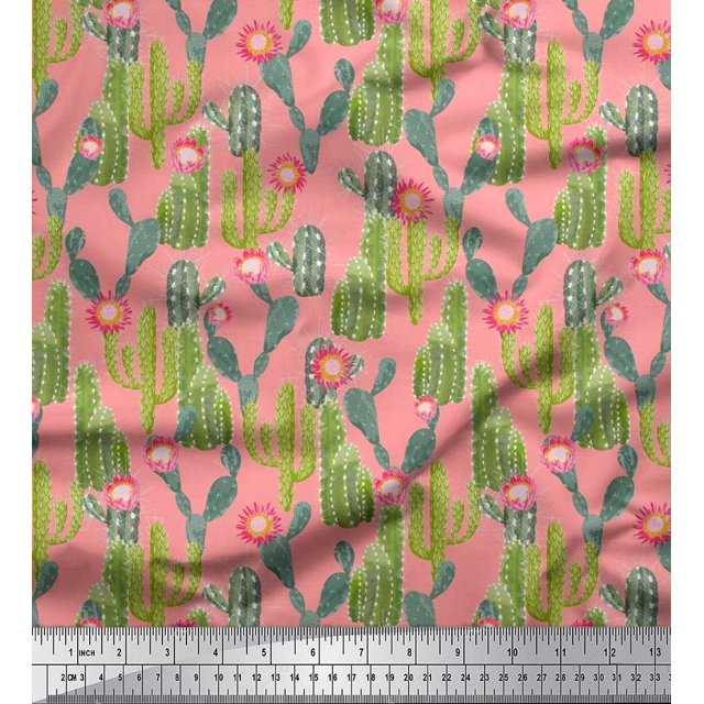 Soimoi Orange Modal Satin Fabric Flower & Cactus Tree Print Sewing Fabric BTY 42 Inch Wide