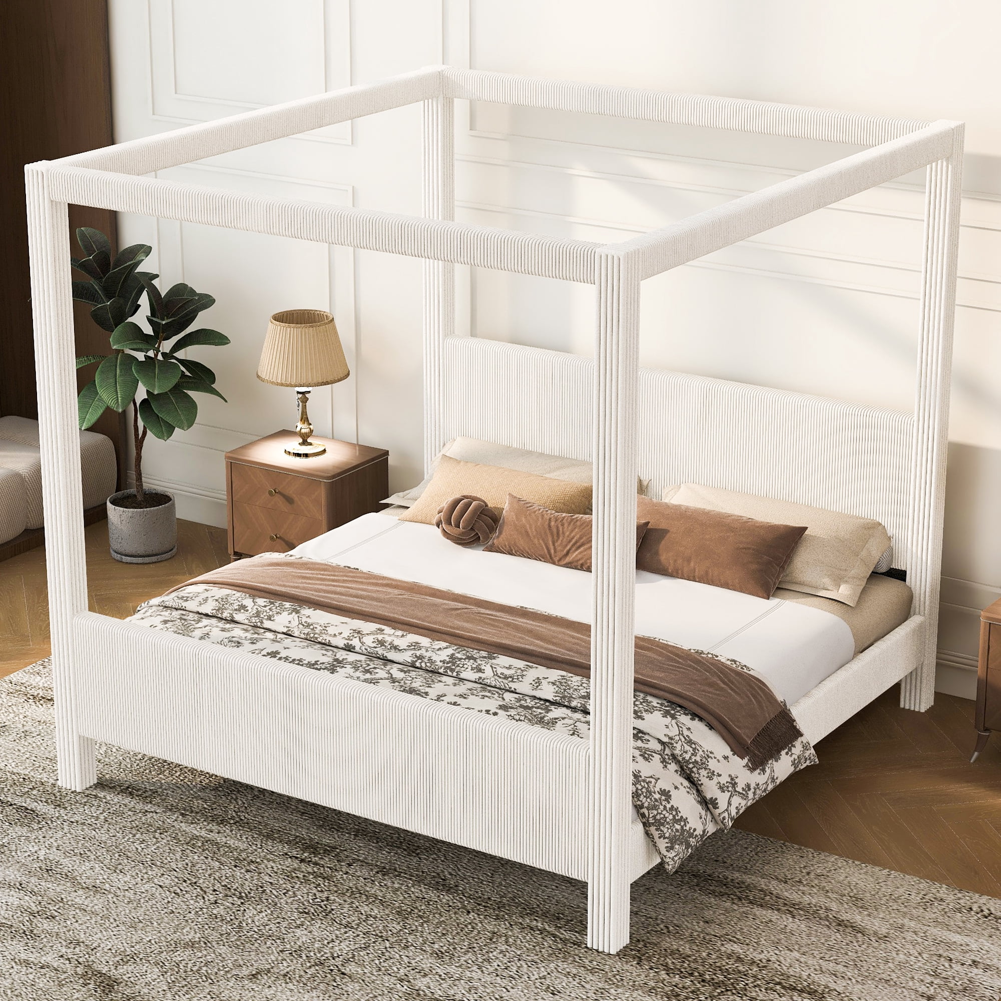 Euroco Upholstery King Size Canopy Platform Bed, No Box Spring Needed, Beige