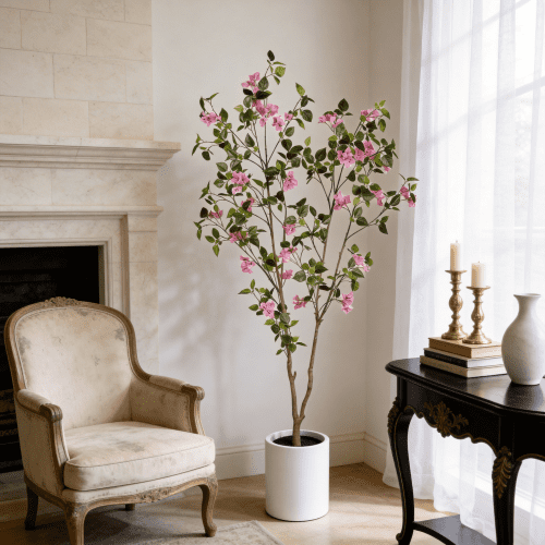 6FT Artificial Bougainvillea Tree with Black Plastic Pot, Realistic Fake Flowering Tree for Indoor Home Office Decor, Potted Faux Plant, 1pc/set