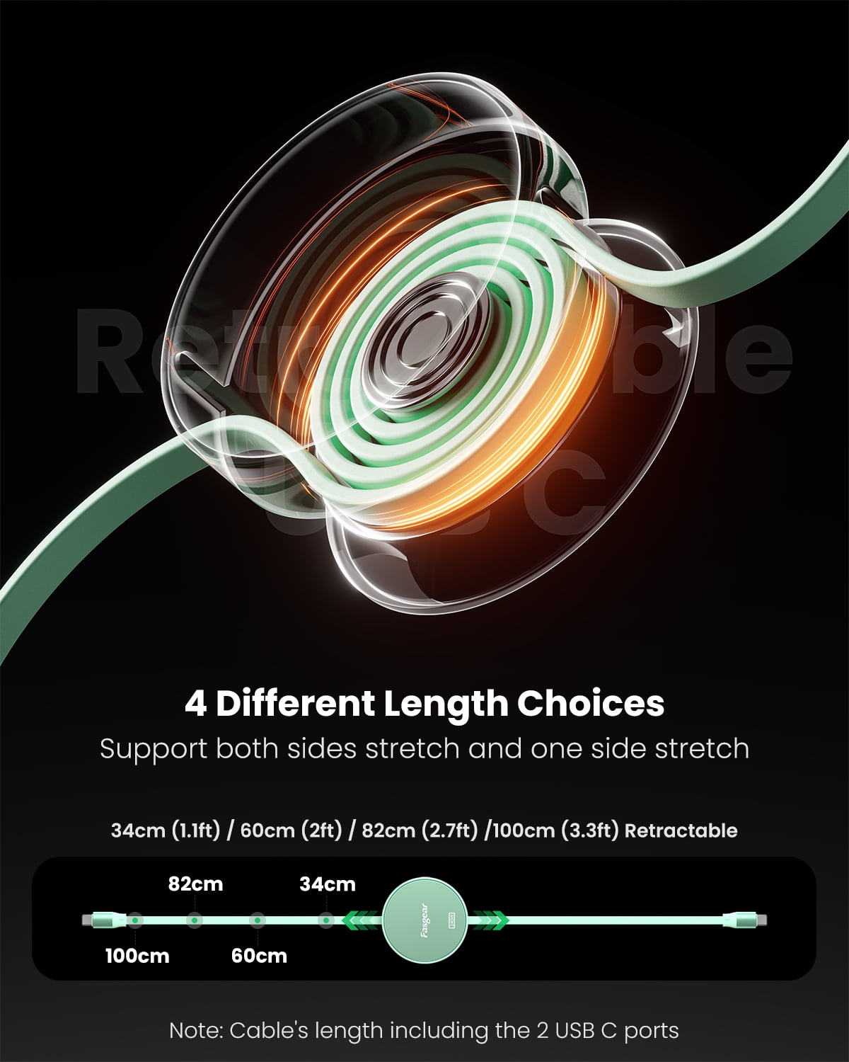 Fasgear 240W USB C to USB C Cable 3.3ft Retractable 5A Fast Charging Type C Cord for 100W USB C Charger [4-Stretch Length] Compatible with i-Phone 15 plus, Mac-Book Pro 2022, Xbox Series S,etc (Green)