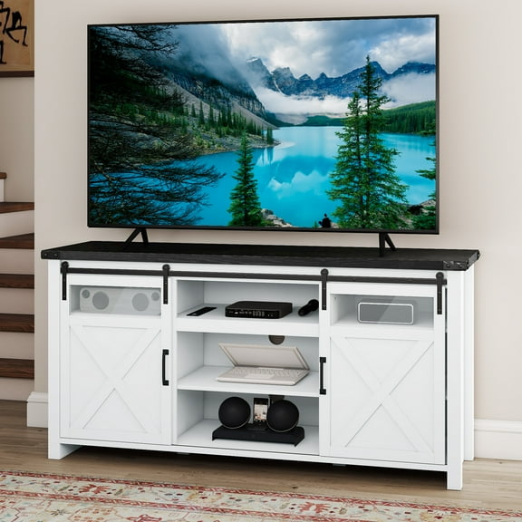 Uforic Farmhouse TV Stand for 75 Inch TV, Entertainment Center with Power Outlet, Storage Drawers, TV Console, White