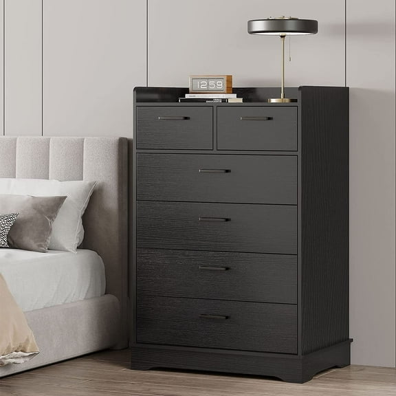 Black Dresser for Bedroom Vertical Wood 6 Drawer Dresser & Chest of Drawers, Modern Tall Dresser Storage Organizer for Living Room Hallway Entryway