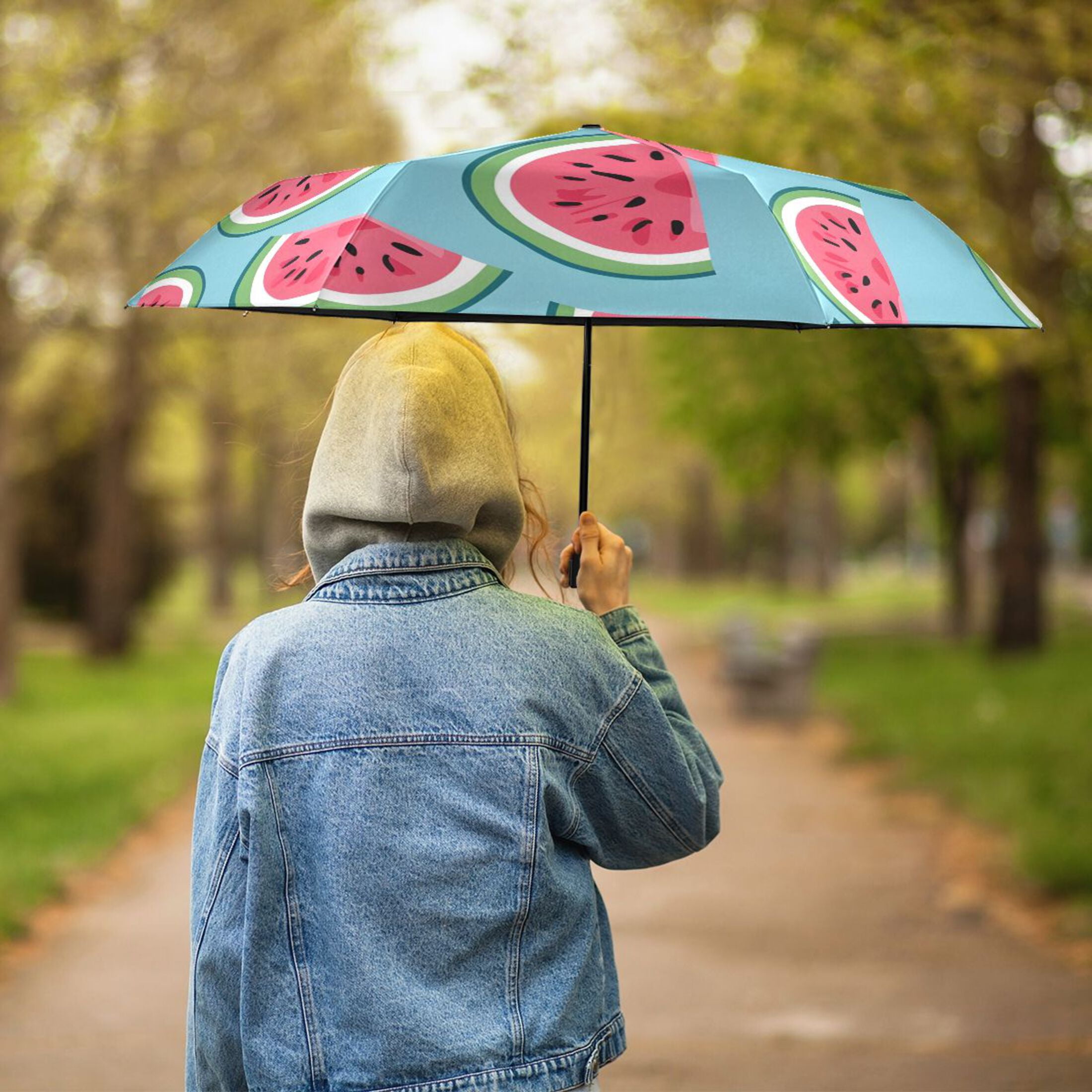 Watermelons Cartoon All Weather Umbrella Triple Folding Parasol 6 Ribs UV Protection Portable