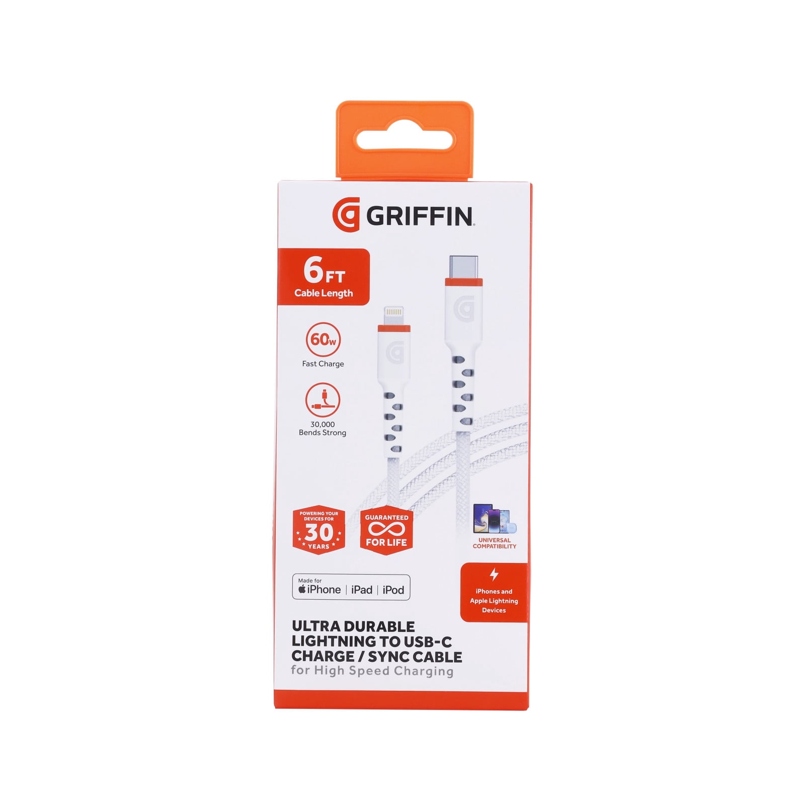 Griffin 6FT Ultra Durable Lightning to USB-C Charge & Sync Cable – 60W Fast Charging, 30,000 Bends Strong, Nylon Braided, Universal Compatibility