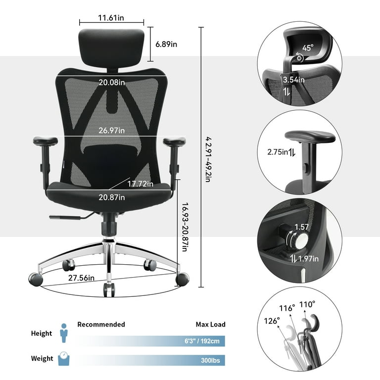 SIHOO Ergonomic Office Chair, Big and Tall Adjustable Black