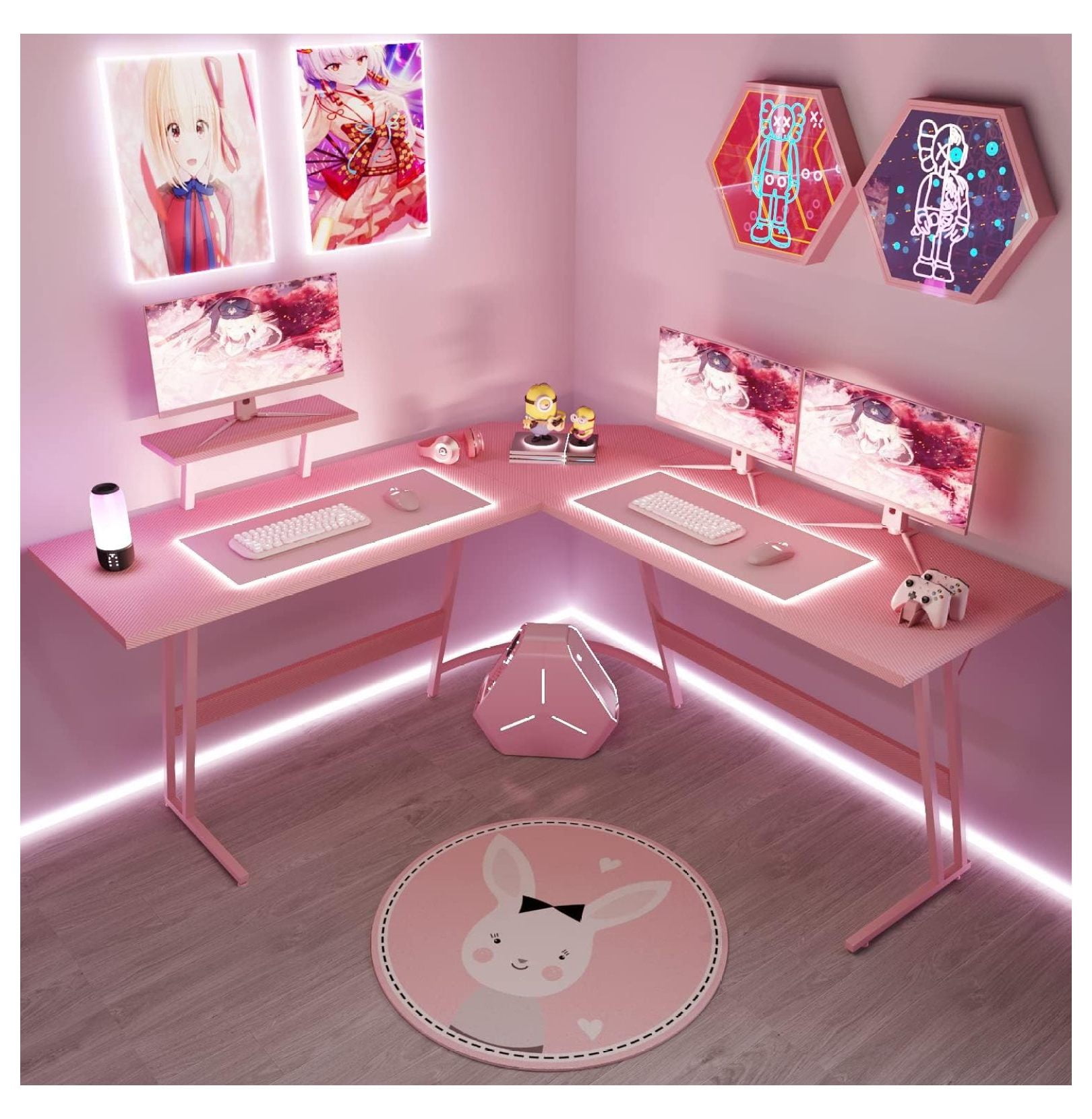 SONGMY Pink L Shaped Gaming Desk Computer Corner PC Desk Table with Large Monitor Stand for Home Office Studying Writing Workstation, Gift for Girls and Women (Pink, 57 Inch)