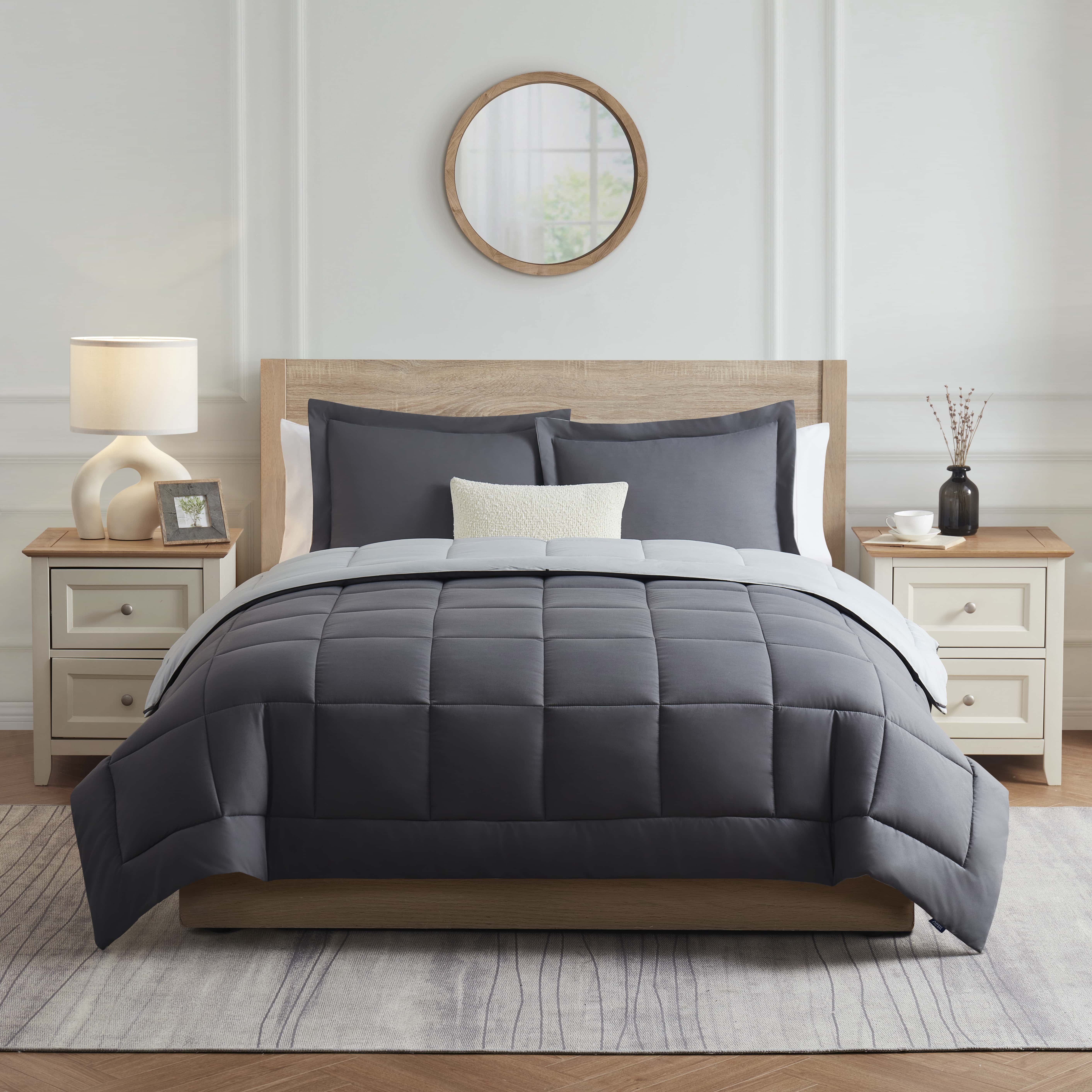LammaLoe 3-Piece Full Size Comforter Sets, Reversible Bed in a Bag, Gray/Light gray, Quilted Bedding Comforter Set