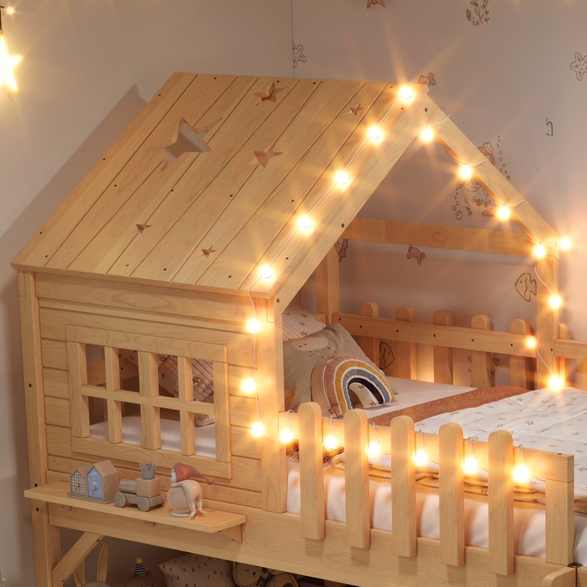 Mintazer Twin Size Kids House Loft Bed with Slide & LED Lights, Modern Playhouse Bed with Star Shaped Designs & Ladder, No Box Spring Needed, Natural