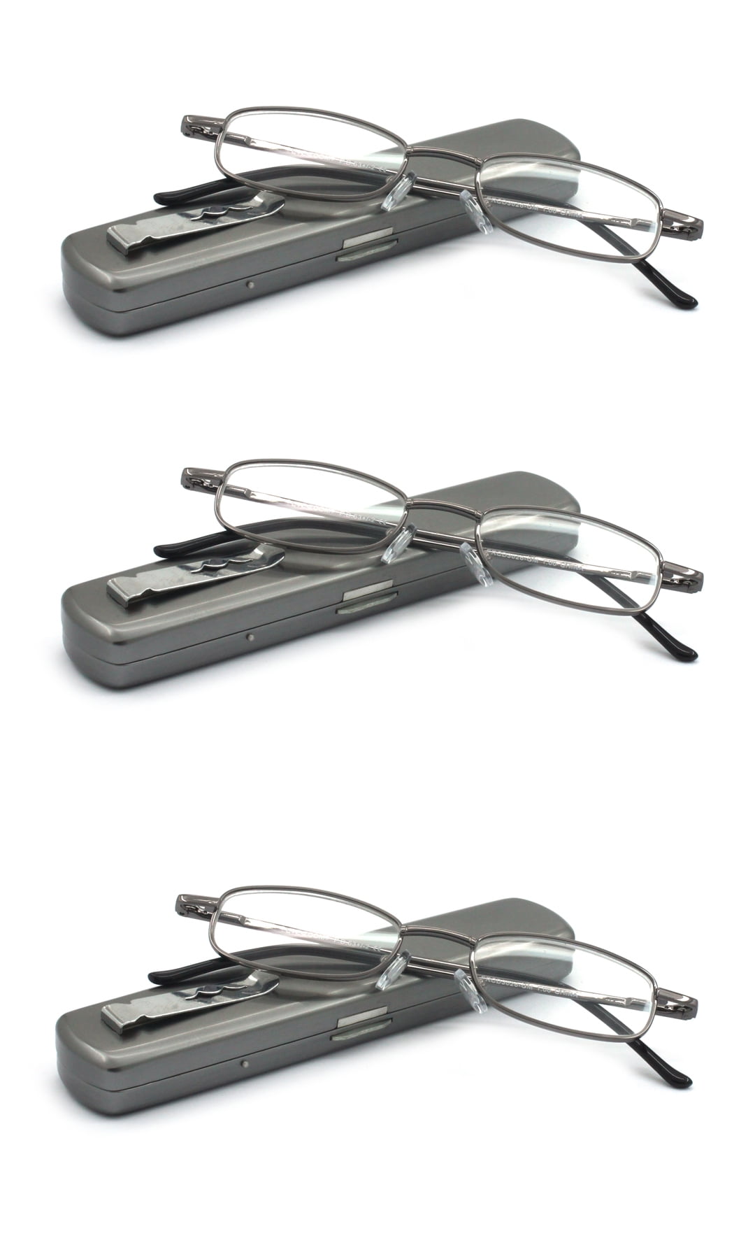 EYE ZOOM 3 Pack Compact Light Metal Portable Reading Glasses with Pocket Hard Case for Men and