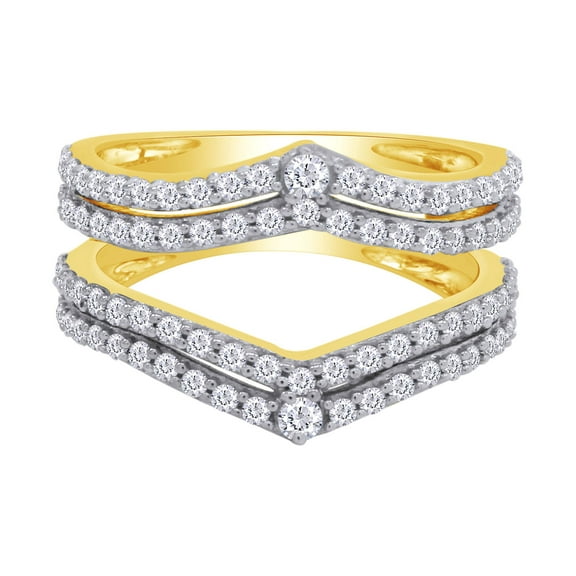 Round Shape White Cubic Zirconia Chevron Two Row Enhancer Guard 10k Yellow Gold Ring Size - 5