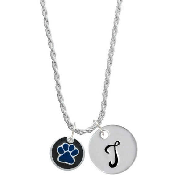 Delight Jewelry Silvertone Royal Blue Paw on Black Disc Silvertone Script Initial Disc - T - Charm Necklace, 20"+3"