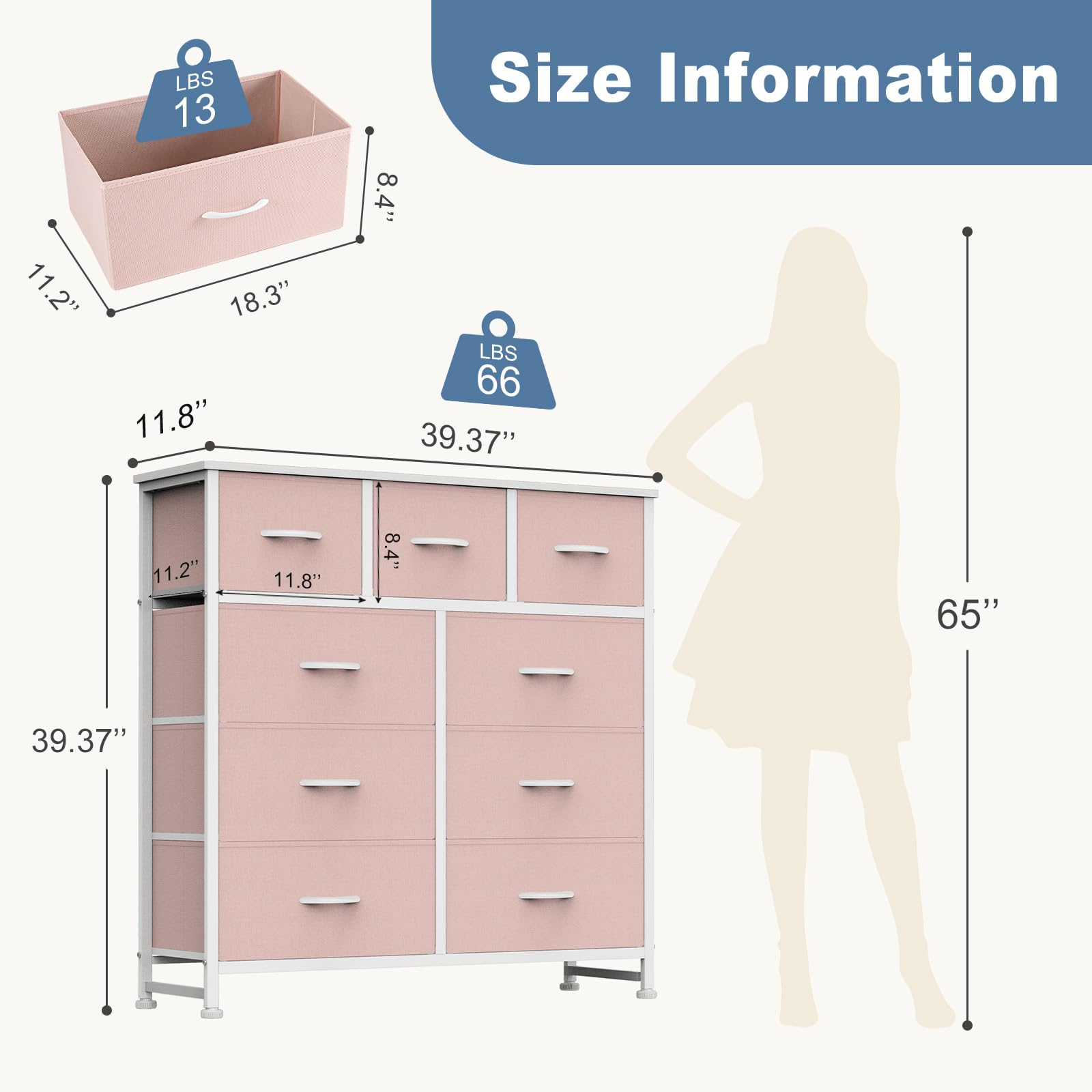 Telyra 9-Drawer Fabric Dresser Tall Storage Tower with Wood Top and Steel Frame Bedroom Closet Organizer, Pink