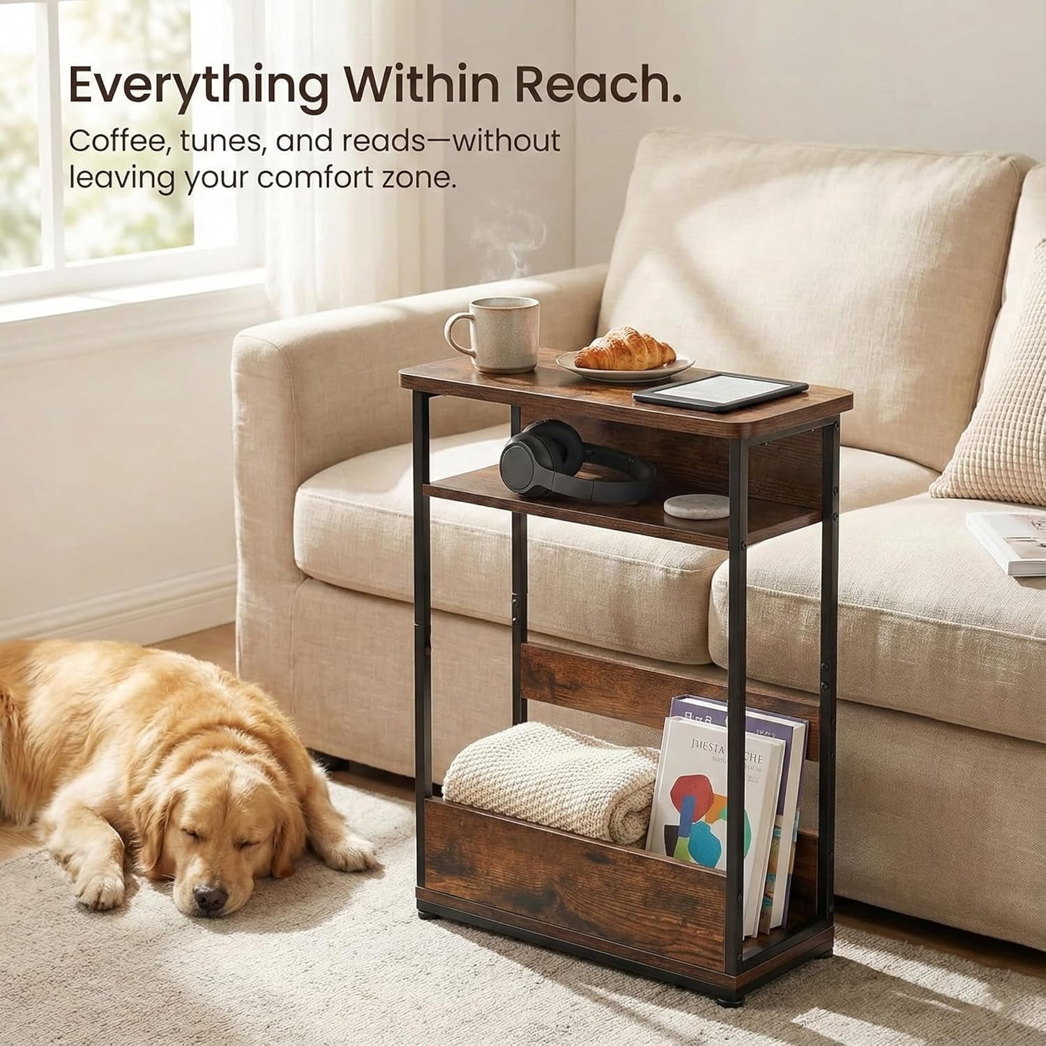 End Table for Narrow Space, 3 Tier Narrow Side Tables Modern Sofa Table with Storage Shelf, Bedside Table Slim Nightstand with Magazine Rack Living Room Home Office,Brown
