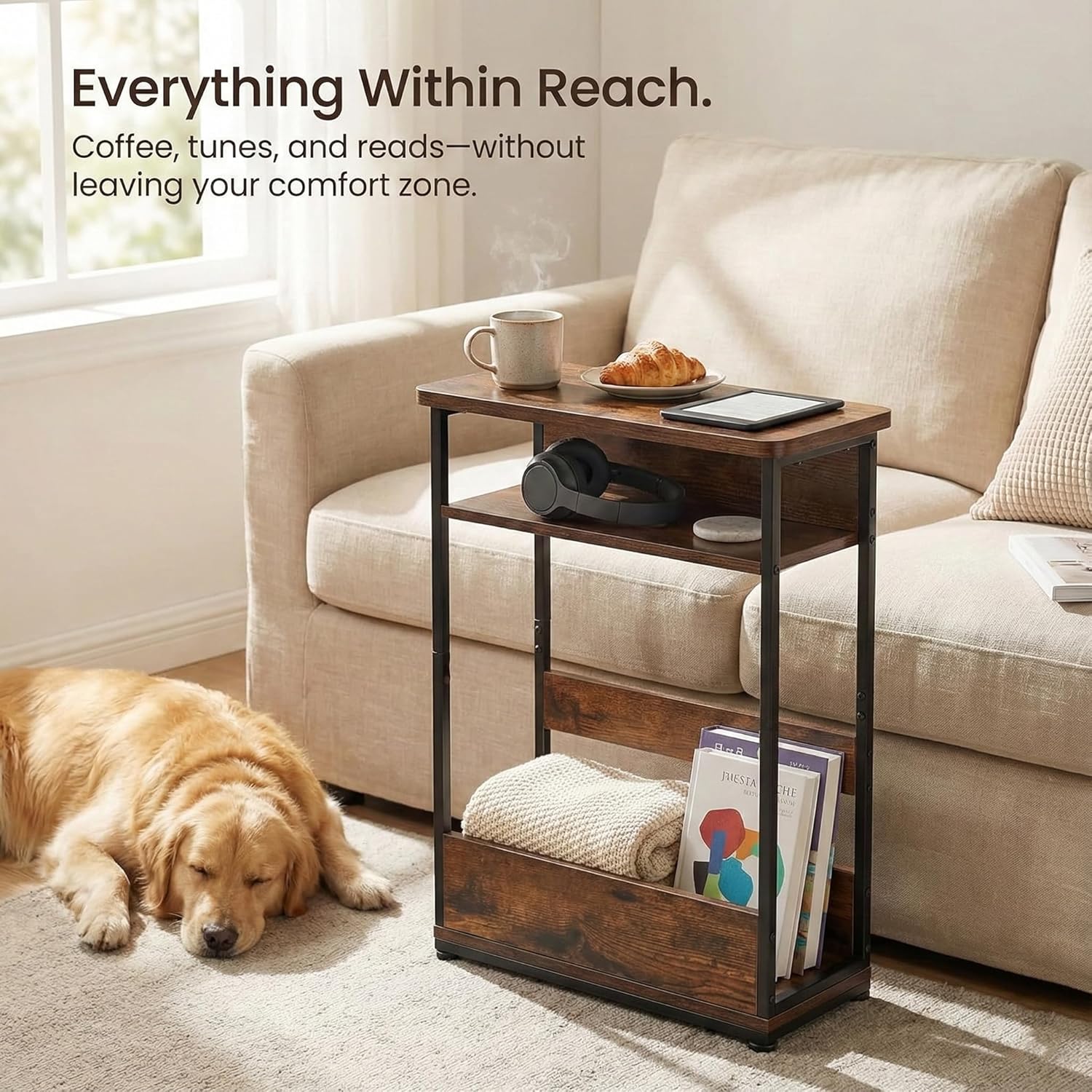 ZEXVIDA 3-Tier Narrow Side Table with Storage Shelves, Brown photo 4