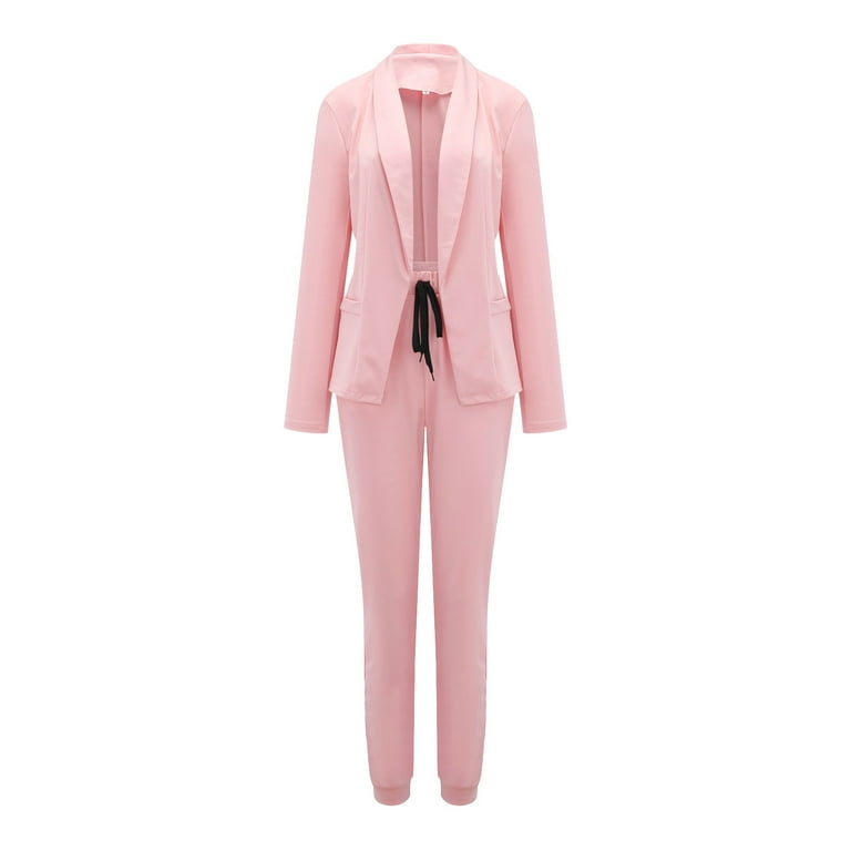 TANGNADE Women's Two-piece Lapels Suit Set Office Business Long Sleeve Formal  Jacket Slim Fit Trouser Suit Pink L 