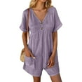 thumbnail image 4 of UAMVSH Jumpsuits for Women Summer Lightweight Cotton Linen Beach Rompers Loose Pockets Short Sleeve Onesie Clothes with Shorts(X-Large,Purple 2), 4 of 7