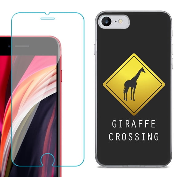 Slim-Fit Fashion Gel Phone Case for iPhone SE 2022, with Tempered Glass Screen Protector, by OneToughShield ® - Road Sign Giraffe