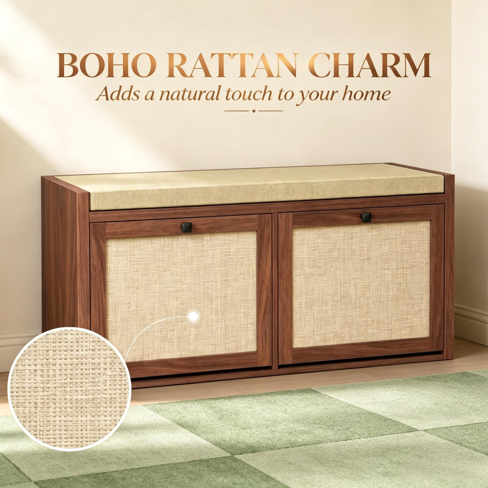 Entryway Shoe Storage Bench with PE Rattan Doors, 42.5" Wide Seat, 2 Downward-Opening Cabinets, High-Density Foam Cushion for Hallway Bedroom