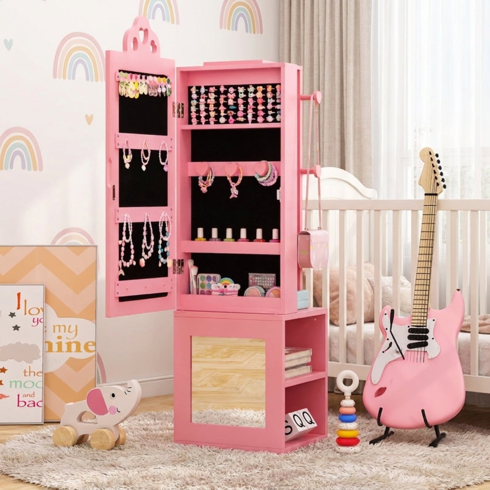 Furnibear Kids Vanity Set Girls Dressing Table and Stool with Full-Length Mirror Jewelry Cabinet Drawer for Bedroom, Pink