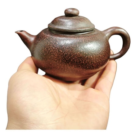 Vintage Yixing Teapot Exquisite Carving Chinese Ceremony Handcrafted Artisan Textured Rustic Round Low Flat Curved Smooth