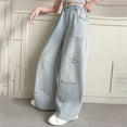 thumbnail image 6 of Girls Flare Jeans Pants Loose Wide Leg Elastic High Waist Fashion Trousers Solid Color Versatile Long Pant Light Blue 14 Years, 6 of 9