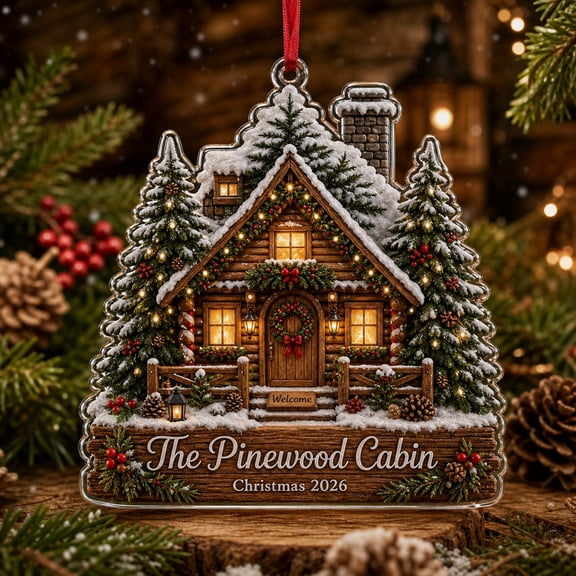 Christmas Acrylic Ornament, Snowy Cabin with Pine Trees Tree Hanging Holiday Keepsake