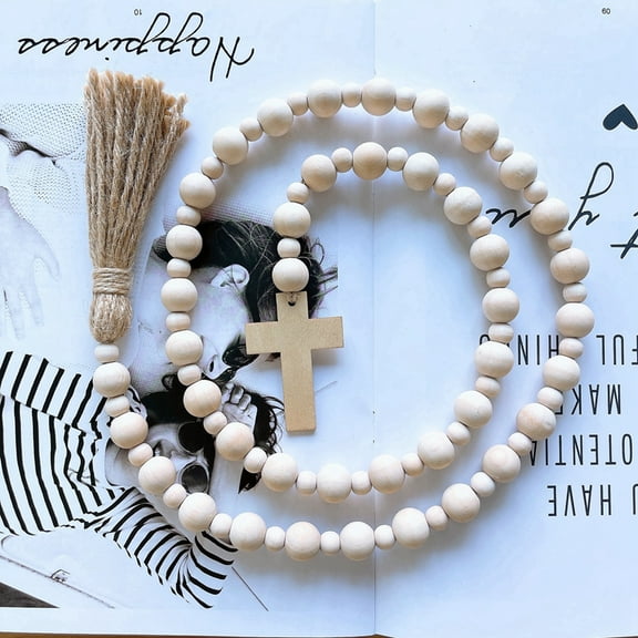 Easter Wood Bead Garland with Tassels,Farmhouse Rustic Natural Wooden Beads Tassel String,Boho Prayer Beaded Garlands with Cross for Vase Tiered Tray Wall Home Decor Gift