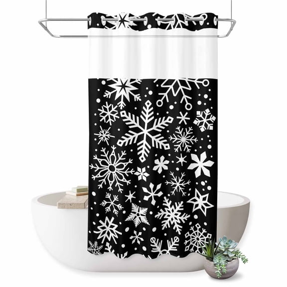 No Hook Shower Curtain, Snowflake Black Shower Curtains for Bathroom with See Through Top Window, Christmas Winter Snowfall Xmas Holiday Waterproof & Washable Bath Curtain Stand Up Stall 36"x72"