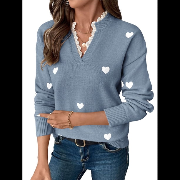 Suéter con Estampado de Corazones para Mujer, Cuello en V, Jersey de Punto con Ribete de Encaje Azul M