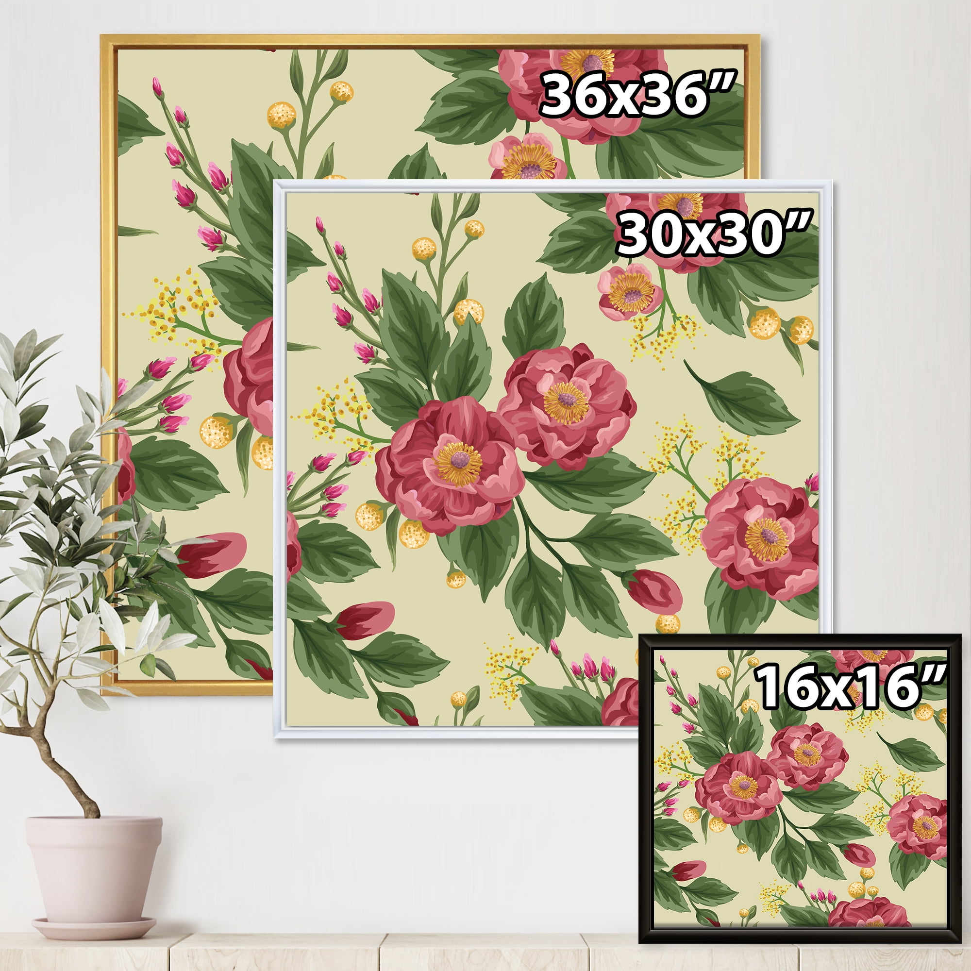 Designart 'Vintage Sweet Peas and Peonies On Beige' Traditional Framed Canvas Wall Art Print