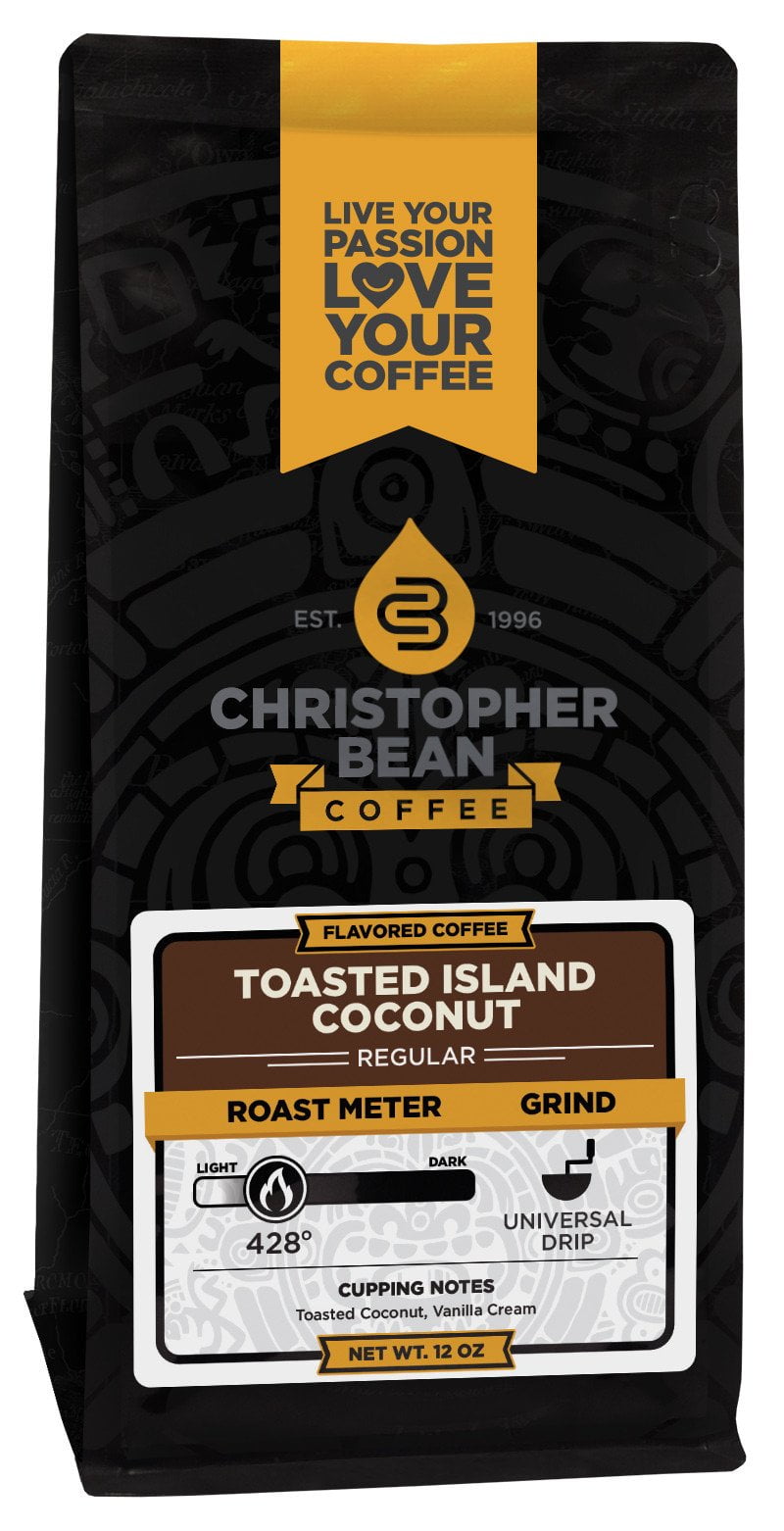 Toasted Island Coconut Flavored Regular Ground Christopher Bean Coffee, 100% Arabica, No Sugar, No Fats, Made with Non-GMO Flavorings, 12 Oz Bag