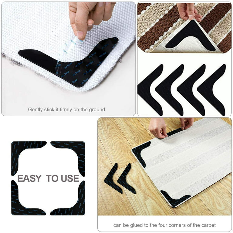  Rug Grippers,Never Curl Rug Grippers Non Slip Reusable Carpet  Stickers for Area Rugs, Hardwood Floors, Tile Floors, Floor Mats, Keep Your  Rug in Place and Makes Corners Flat for Corners (Black