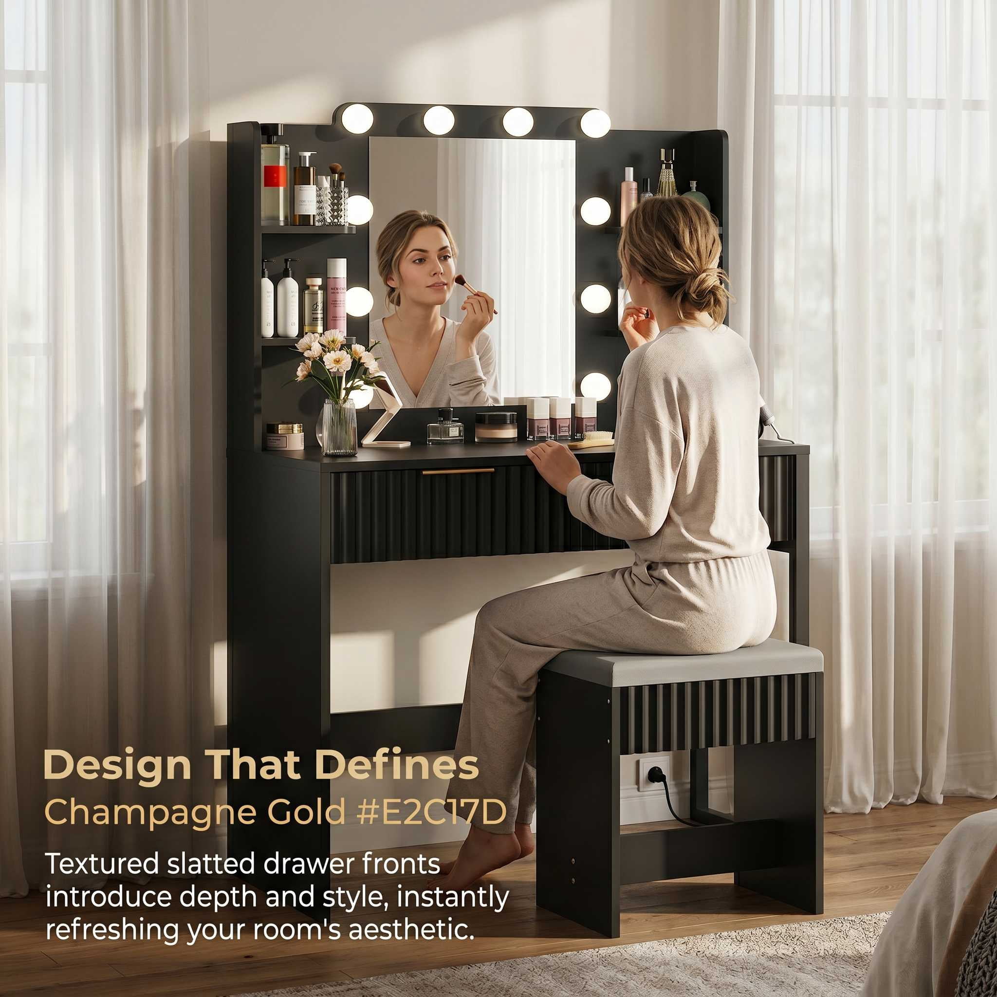 Zimtown Modern Makeup Vanity Table Set with LED Lights , Mirror and Charging Station, Dressing Desk with 2 Drawers for Bedroom, Black