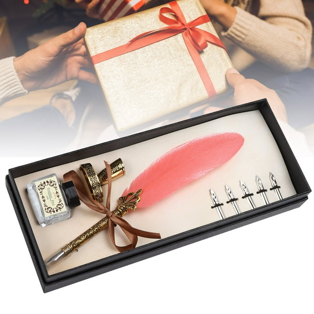 Feather Pen Set Craft Retro Carved Stainless Steel Writing Suit with Complete Accessories and Scientific Grip Design for Gothic and Italian Calligraphy Practice