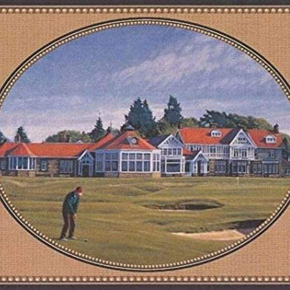 Concord Wallcoverings Amazing Vintage Golf Club Wallpaper Border Featuring Men Golfing Mansion Lake, Colors Green Blue Red and Yellow Size 6 Inches by 15 Feet GF7129BD