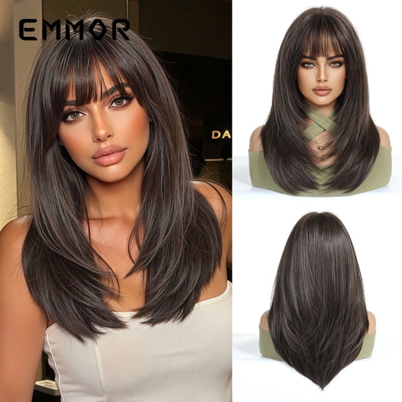 Hot Selling Export Bangs Layered Medium Length Straight Hair Highlighted Brown Fashion Wig Full Head Hairstyle Factory Direct Sale
