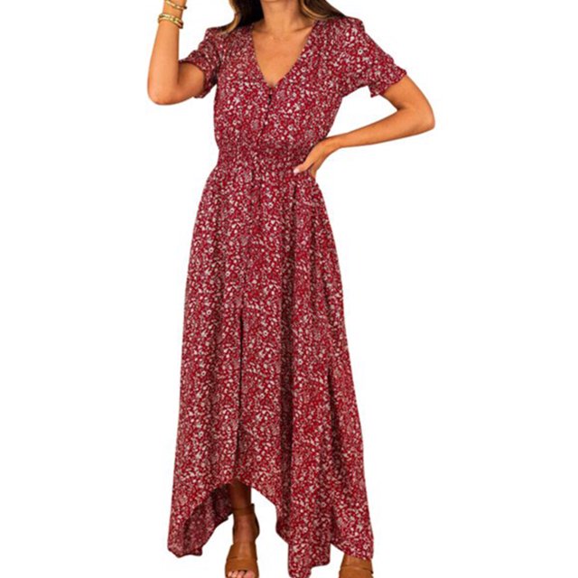 Robe Femme Imprimée Col en V Manches Courtes Maxi Robe Rose Foncé TG