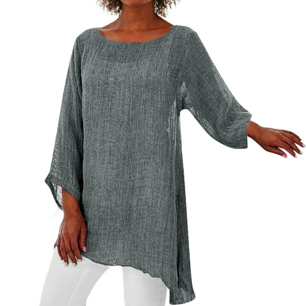 Ploknplq Tunic Tops for Women Loose Fit Dressy,Elbow Length Tee Shirts for Women,Womens Tunic Tops,Irregular Baggy Blouse Shirt Tunic Tops,Plaid Shirts for Women,Split Hem Top for Women Gray S