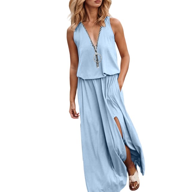 Wdgfv Robes d'Été pour Femmes Col en V Haut à Fermeture Éclair pour Femmes Design Dégradé Usage Quotidien Blouse Confortable avec Sandales