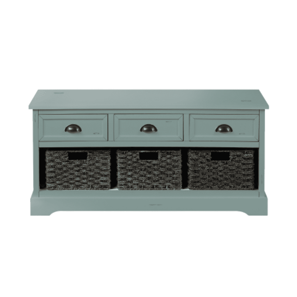 Homes Collection Wood Storage Bench with 3 Drawers and 3 Woven Baskets