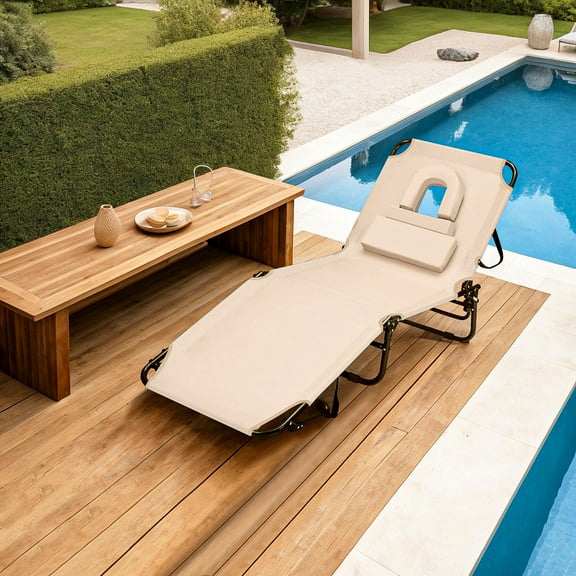 Topcobe Beach Chaise Lounge Chair with Face Hole and Removable Pillow, Pool Deck Furniture, Beige