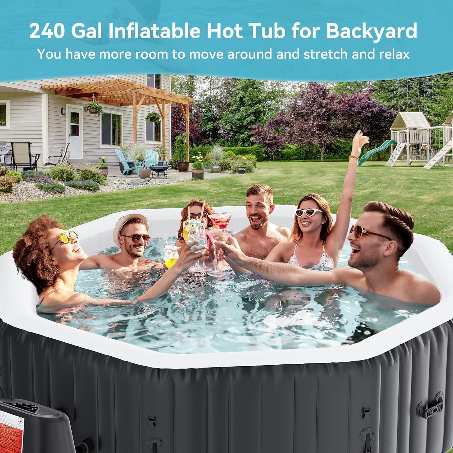 Inflatable Hot Tub 77"X 77"X 25", 4-6 Person Large Polygon Outdoor Spa Blow Up Hottubs with 130 Bubble Jets, Blow Up Air Hot Tub with Heater Pump and Side Table, Insulated Cover, 2 Filter Cartridges