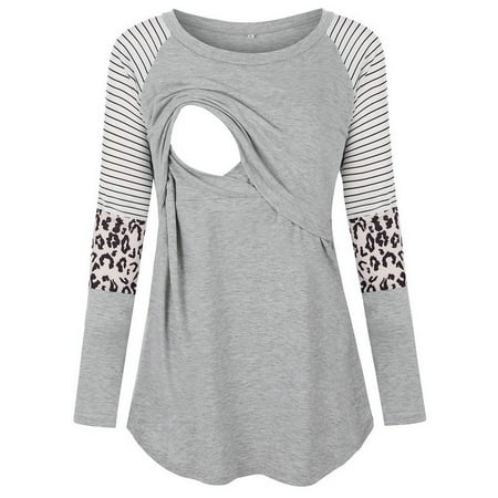 

JustVH Women Maternity Tops Leopard Stripe Long Sleeve Breastfeeding T-Shirt