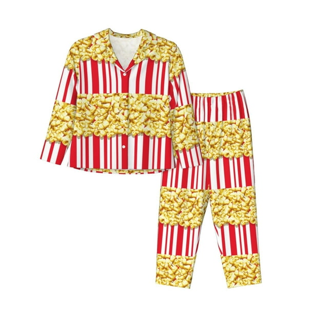 Fotbe Popcorn Conjunto de Pijama de Manga Larga para Mujer con Estampado, Ropa de Dormir de 2 Piezas, Conjunto de Casa Suave y Cómodo con Bolsillos-Small