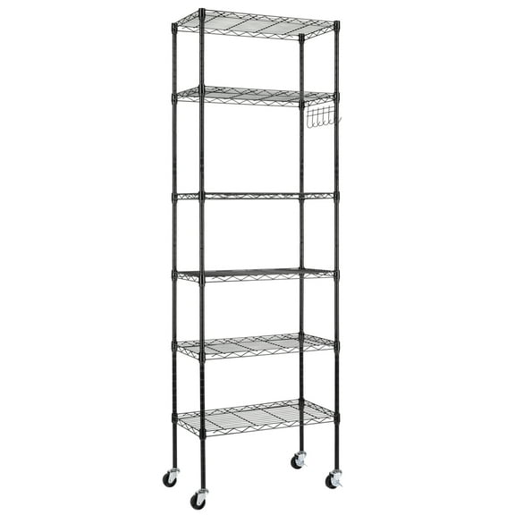 Hassch 6-Tier Metal Wire Shelving on Wheels, Height-Adjustable Storage Rack with Hanging Hooks, 21.25"L x 11.42"W x 64.96"H, Black