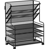 4-Tier Paper Organizer 3-Pocket File Holder Drawer Pen Holders, Desktop File Organizers Paper Tray for Office Supplies School Classroom Organization (Black, No Drawer & Pen Holder)