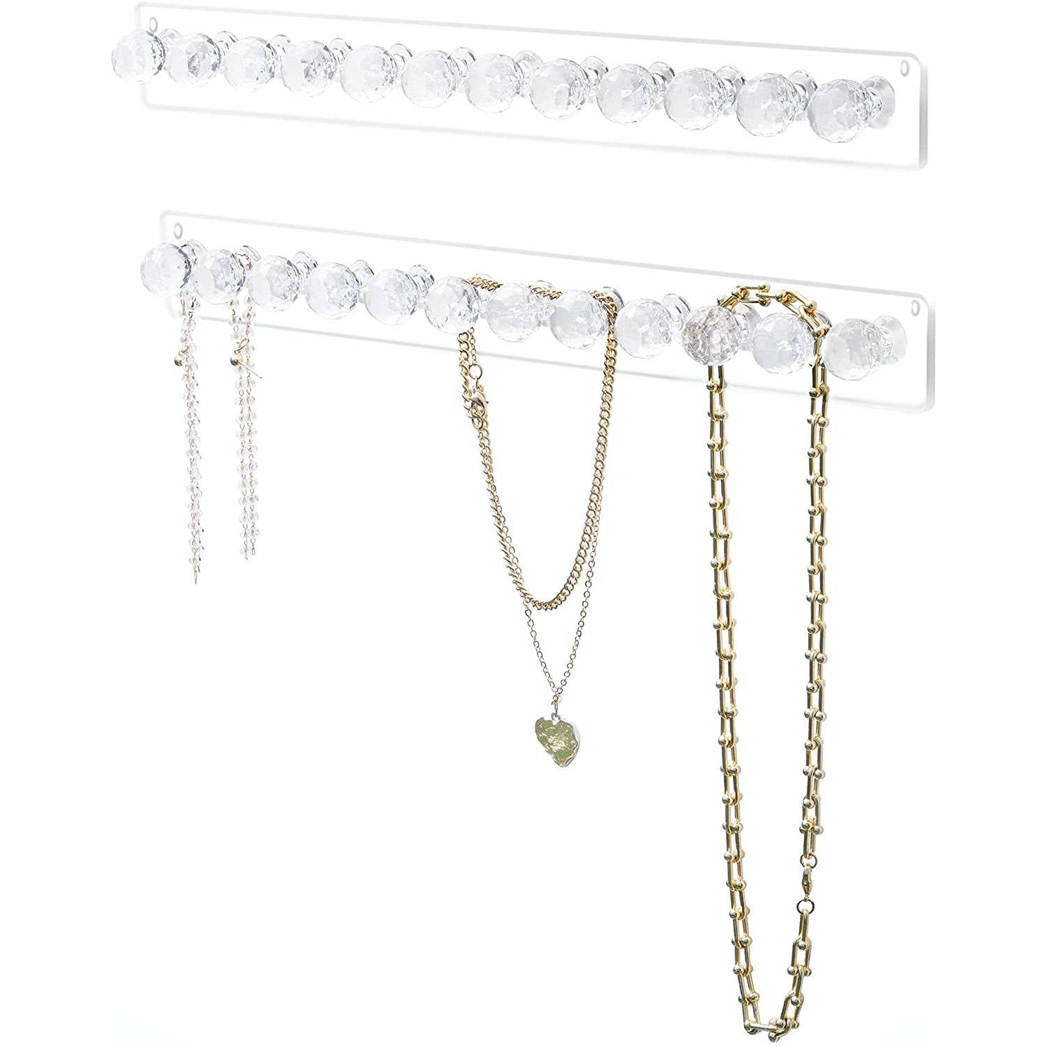 Necklace Holder, Acrylic Necklace Hanger, Wall Mount Necklace Organizer,  Jewelry Hooks for Necklaces, Bracelets, Chains (2-pack Clear) 